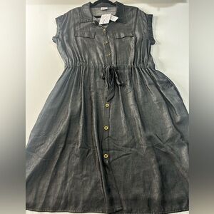 NWT - Lularoe Large Staci Gray Chambray Button-Down Dress with Tie Waist